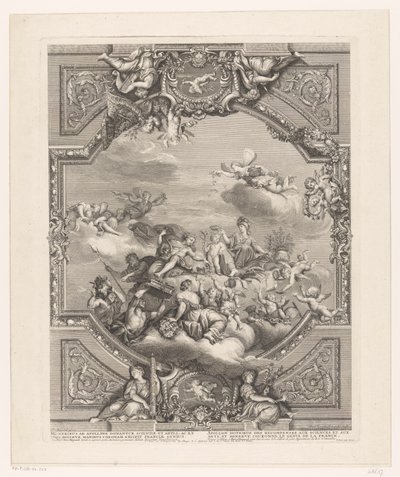Deckenmalerei in Versailles: Apollo verteilt Belohnungen an Künste und Wissenschaften, Minerva krönt das Genie Frankreichs von Simon Henri Thomassin