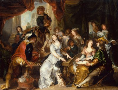 Eine Allegorie der fünf Sinne: Eine fröhliche Gesellschaft in einem palastartigen Innenraum von Simon de Vos