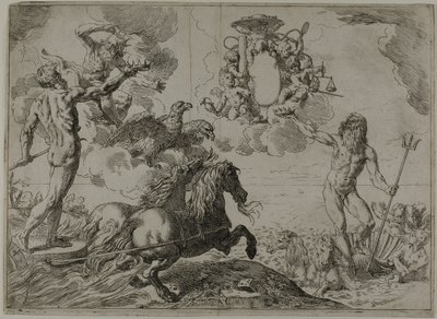 Jupiter, Neptun und Pluto bieten ihre Kronen den Waffen von Kardinal Borghese an von Simone Cantarini