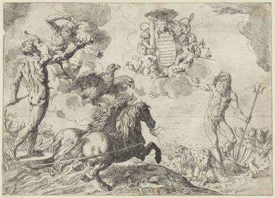 Jupiter, Neptun und Pluto bieten ihre Krone dem Wappen von Kardinal Scipione Borghese an von Simone Cantarini