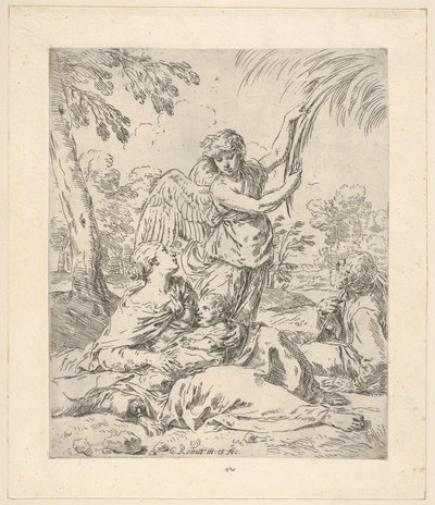 Ruhe in Ägypten, Maria stillt das Christkind, während ein Engel an einem Baum zieht, ca. 1630-1648 von Simone Cantarini