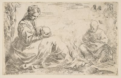 Ruhe auf der Flucht nach Ägypten, Maria hält und schaut auf das Jesuskind, während St...., ca. 1637 von Simone Cantarini