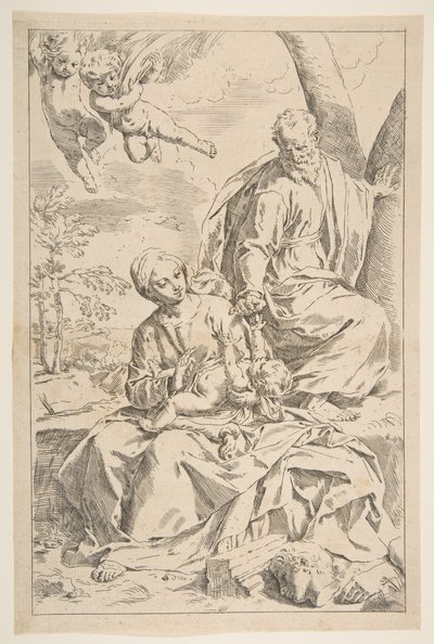 Ruhe auf der Flucht nach Ägypten, Maria hält das Jesuskind, während St. Joseph..., ca. 1639 von Simone Cantarini