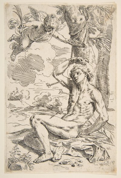 Heiliger Sebastian, mit Pfeilen durchbohrt und an einen Baum gebunden von Simone Cantarini