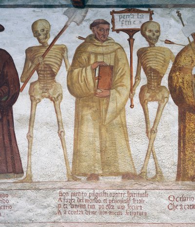 Der Tod mit dem Mönch und dem Kaiser, Detail aus dem Totentanz von Simone II Baschenis