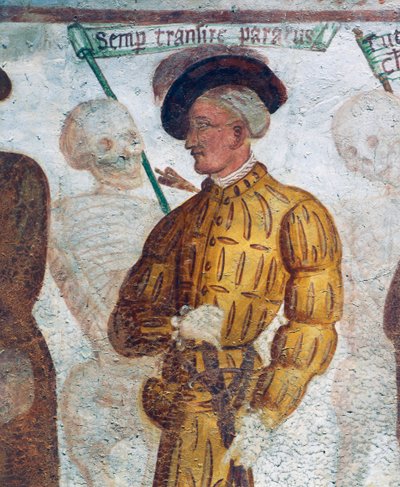Der Tod mit dem jungen Mann, Detail aus dem Totentanz von Simone II Baschenis