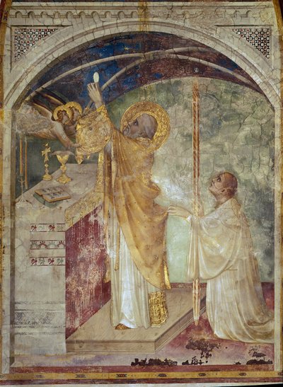 Fresko des Lebens des Heiligen Martin. Die wunderbare Messe des Heiligen Martin von Tours. Zwei Engel erscheinen dem Heiligen Martin, als er die Hostie vor dem Altar erhebt. Gemälde von Simone Martini von Simone Martini