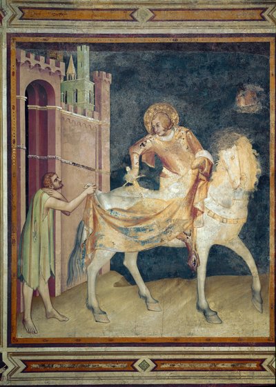 Der heilige Martin teilt seinen Mantel mit einem Bettler. Fresko von Simone Martini (1282-1344). 1315. Untere Basilika des Heiligen Franziskus von Assisi, Kapelle des Heiligen Martin. von Simone Martini