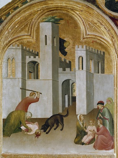 Das Wunder des Kindes, das zwischen den Fängen eines Wolfes gefangen ist. Teil des Triptychons Geschichte des Eremiten von St. Augustinus von Simone Martini