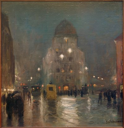 Blick auf den Stachus in München an einem trübnebeligen Winterabend von Sion Longley Wenban
