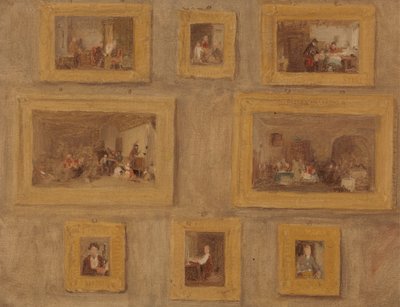 Das einzige Kind; Die Maultrommel; Der Schnittfinger; Blindekuh; Der Zahltag; Der schottische Dudelsackspieler; Das Prieu-Dieu; und Selbstporträt: Eine Skizze der acht Gemälde gerahmt und an einer Wand hängend von Sir David Wilkie