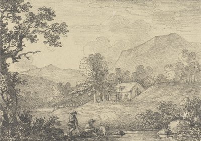 Zwei Figuren am Teichrand und eine Kirche in einer hügeligen Landschaft von Sir George Howland Beaumont seventh Baronet