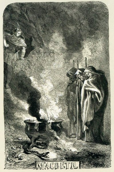 Macbeth besucht die drei Hexen auf der verwüsteten Heide, 1858 von Sir John Gilbert