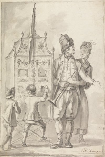 Studie eines Guckkastens mit zwei Begleitfiguren und zwei Kindern von Sir Peter Francis Bourgeois