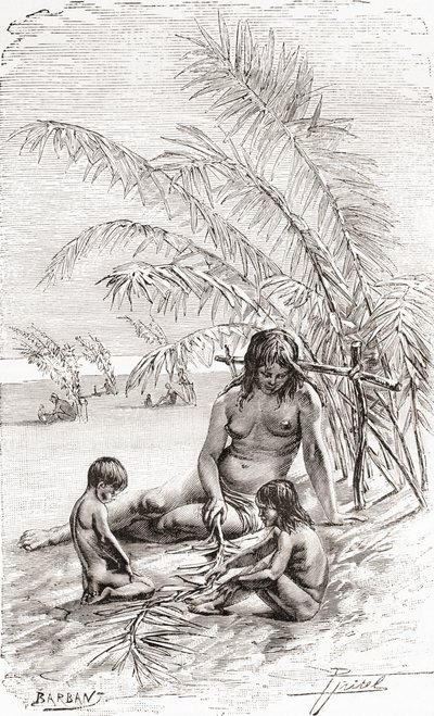Eine Familie von Sápura-Eingeborenen auf einer Sandbank am Napo-Fluss, Ecuador von Spanish School