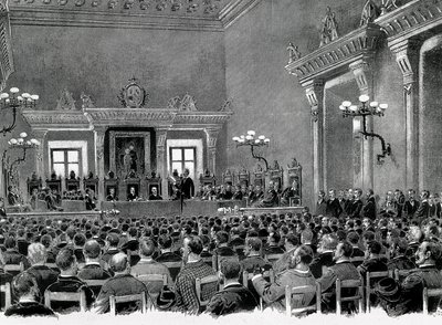 Eine Versammlung katalanischer Nationalisten im Rathaus von Manresa zur Ausarbeitung der 16 Grundlagen für die katalanische Regionalverfassung im Jahr 1892. Zeichnung von Jaume Pahissa. von Spanish School
