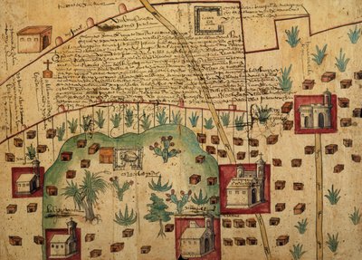 Ayer MS 1801 Karte 1: Karte der Ländereien in den Regionen Tultepec und Jaltocan, angrenzend an die Hacienda de Santa Ines, Mexiko, veröffentlicht 1569 von Spanish School