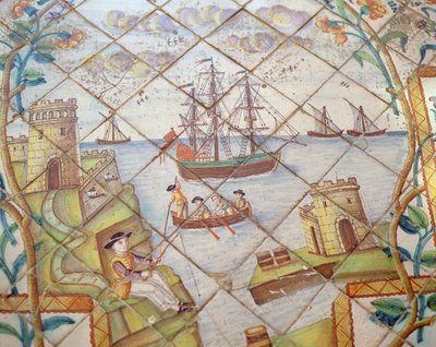 Azulejos-Fliesen, die einen Hafen mit Schiffen darstellen von Spanish School
