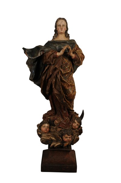 Geschnitzte Holzskulptur der Madonna der Unbefleckten Empfängnis, Spanien, ca. 1750 von Spanish School