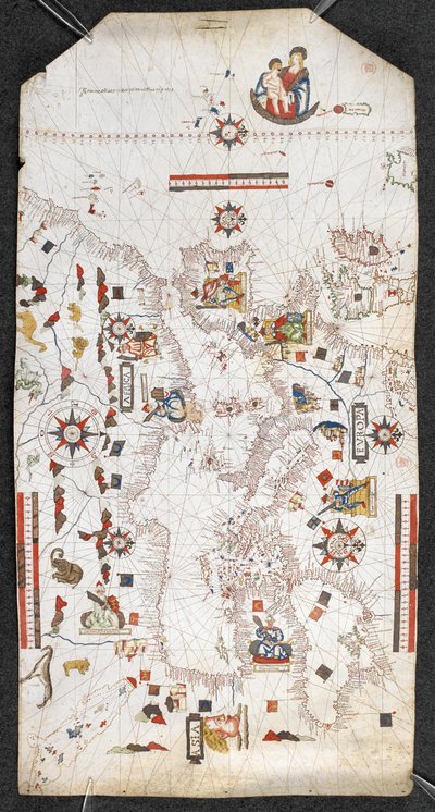 Karte des Mittelmeers und des Schwarzen Meeres, und ein Teil des Atlantiks, von den Britischen Inseln im Norden bis zu den Kanarischen Inseln im Süden; mit den Küstenlinien; und mit den Namen der wichtigsten Städte auf Spanisch, von Jaume Oliues, Mallorqui von Spanish School