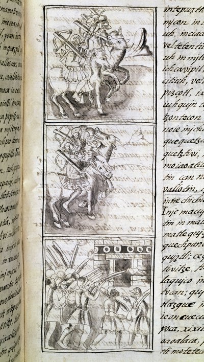 Codex der Eroberung Mexikos: Die Spanier bereit zum Angriff auf die Stadt Tenochtitlan. Miniatur des Florentiner Manuskripts 
