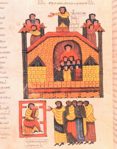 Eroberung Jerusalems durch Nebukadnezar und der Prophet Jeremia empfängt die Würdenträger der Stadt, fol.283v., aus der Westgotisch-Mozarabischen Bibel von St. Isidores, 960 n. Chr. (Tempera auf Pergament) von Spanish School