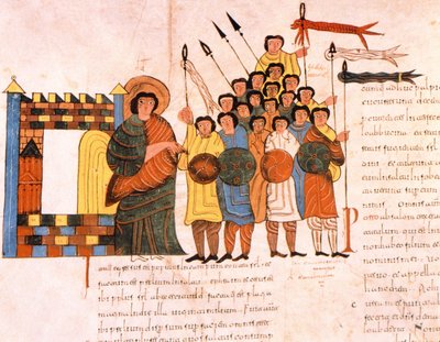 Abreise der Armee von König David in den Krieg, aus der Westgotisch-Mozarabischen Bibel von St. Isidores, fol.131v., 960 n. Chr. (Tempera auf Pergament) von Spanish School
