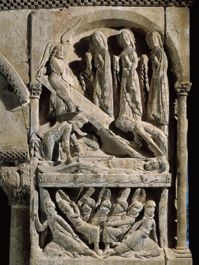 Kreuzabnahme Christi. Skulptur des Meisters von Saint Dominic de Silos (12. Jahrhundert). Relief auf Stein von Spanish School