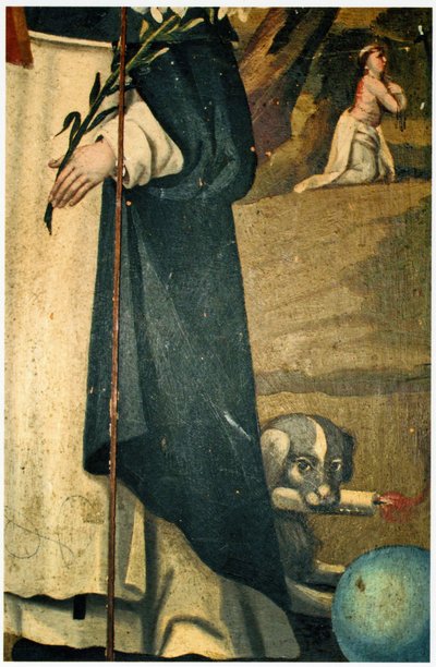 Detail zeigt die Lilie, den Stab und den Hund mit Fackel, Attribute des St. Dominikus von Spanish School