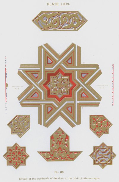 Details der Holzarbeiten der Tür zur Halle der Abencerrages (Farblithografie) von Spanish School
