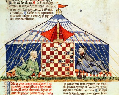 Fol.62v Zwei Araber spielen Schach in einem Zelt, aus dem Buch der Spiele, Schach, Würfel und Bretter, 1282 von Spanish School