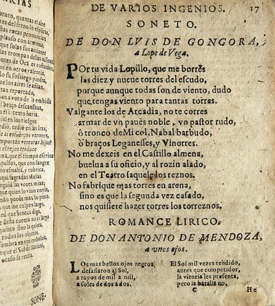 GOGOORA Y ARGOTE, Luis de (1561-1627). Spanischer Dichter aus dem Goldenen Jahrhundert.; VEGA CARPIO, Felix Lope de (1562-1635). Sonett an Lope de Vega, Gedicht enthalten in 