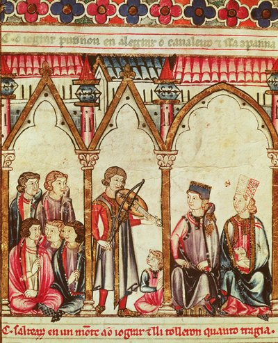 Gruppe von Troubadouren, Illustration aus Cantigas de Santa Maria, erstellt unter der Leitung von Alfons X. (der Weise), König von Kastilien und León (1221-84) von Spanish School