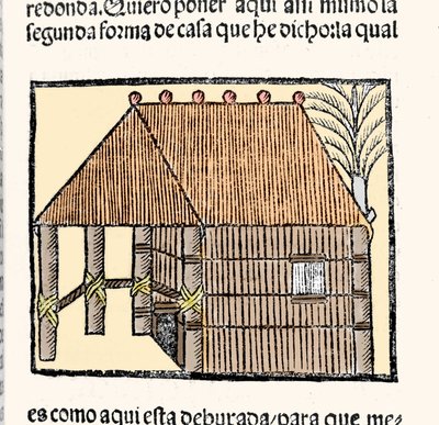 Lebensraum: Beschreibung der Hütte der Indios. Gravur aus dem Buch „Historia general de las Indias, islas y tierra firme del mar oceano“ von Gonzalo Fernandez de Oviedo oder Hernandez de Oviedo y Valdes (1478-1557) von Spanish School