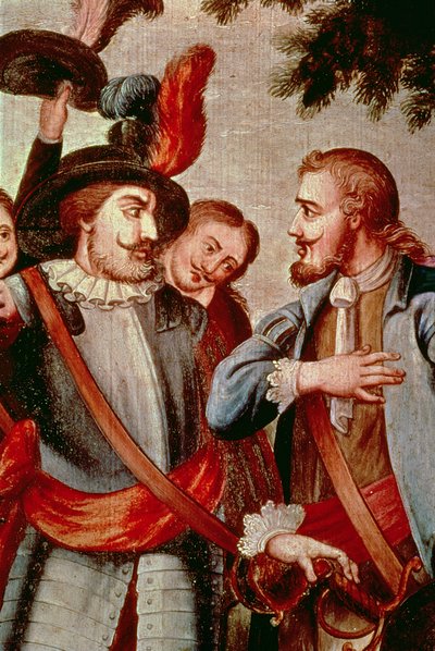 Hernando Cortes (1485-1547) und Diego di Velasquez (1465-1524) (Detail) von Spanish School