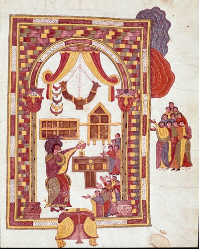 Mozarabische Kunst: der Tempel von Jerusalem, Aaron als Hohepriester vor einem Altar. Miniatur aus einer mozarabischen Bibel. 10. Jahrhundert. León. Bibliothek der Königlichen Kollegiatkirche von San Isidoro. Spanien von Spanish School