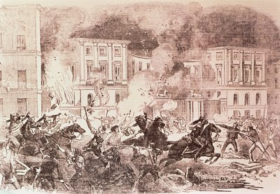 Volksaufstände in Madrid, die Aufständischen versuchen, den Palast von Königin Maria Christina im Jahr 1854 in Brand zu setzen von Spanish School