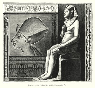 Sitzende Statue und Relief des altägyptischen Pharaos Echnaton (Amenophis IV.) von Spanish School