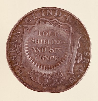 Silbermünze (8 Reales) aus Spanien: Herrschaft von Karl III (1759-1788) 1777 mit Gegenstempel von 1787. Neapel, Museo Archeologico von Spanish School