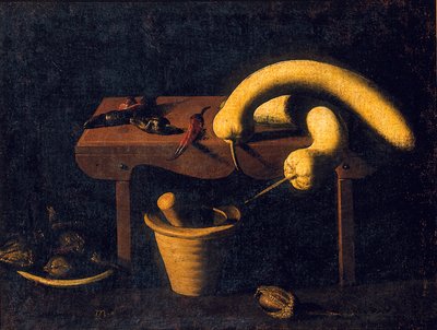 Stillleben mit Paprika und Kürbissen auf einer Bank mit einem Mörser und Stößel und toten Vögeln, ca. 1620 von Spanish School