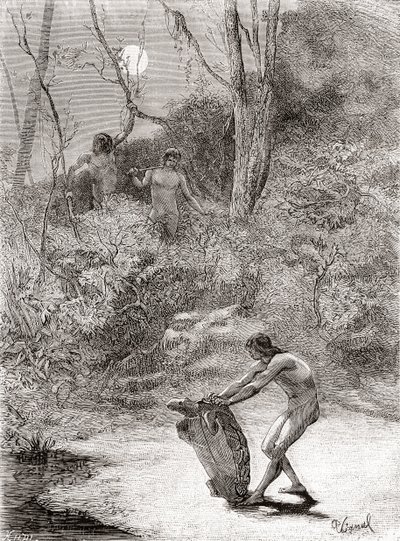 Sunos-Indianer jagen Süßwasserschildkröten im Napo-Fluss, Ecuador von Spanish School