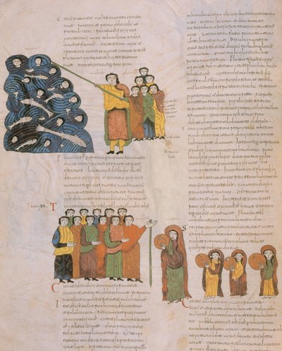 Der Durchzug durch das Rote Meer und der Tanz der hebräischen Frauen zum Klang der Tamburine von Moses und seinen Begleitern, aus der Westgotisch-Mozarabischen Bibel von St. Isidores, fol.39., 960 n. Chr. (Tempera auf Pergament) von Spanish School