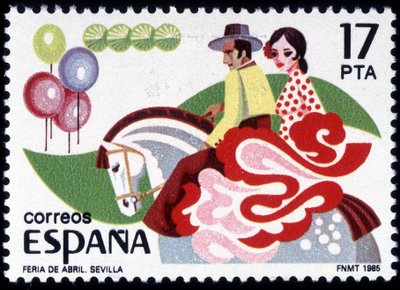 Die Feria von Sevilla: Paar in Tracht zu Pferd - Spanische Briefmarke von Spanish School