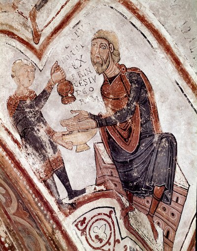 Der Zyklus der Monate: Pontius Pilatus wäscht seine Hände. Detail eines Freskos aus dem 12. Jahrhundert im Königlichen Pantheon der Real Colegiata von San Isidoro von Spanish School