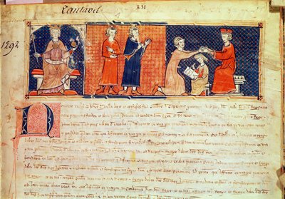 Der Feudalherr predigt seine Predigt vor dem König von Mallorca, Jakob I. (1207-76) aus dem Capbreu de Clayra et de Millas, 1292 von Spanish School