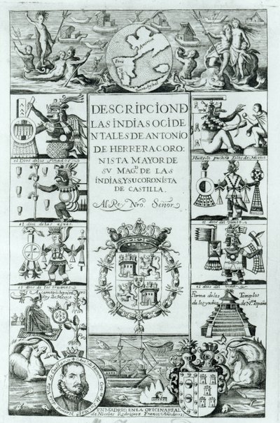 Titelseite von Descripcion de las Indias Ocidentales von Antonio de Herrera y Tordesillas, Madrider Ausgabe, 1725 von Spanish School