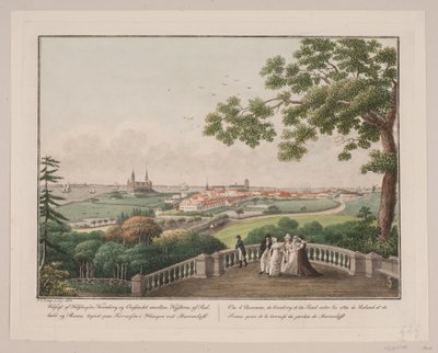 Aussicht auf Helsingør, Kronborg und den Öresund zwischen den Küsten von Seeland und Schonen. Gezeichnet auf der Terrasse im Hain bei Marienlyst von Søren L. Lange
