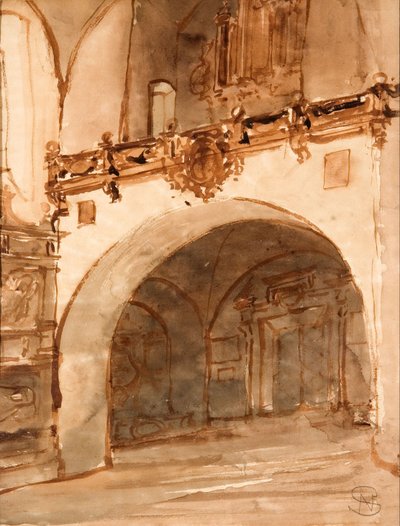 Kircheninneres. Blick auf die Vorhalle und die Orgelempore von Stanisław Noakowski