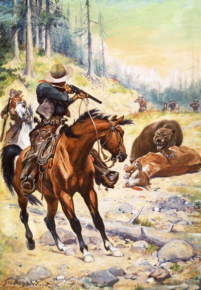 Amerikanische Cowboys umzingeln einen Bären, der über dem Körper einer Kuh kauert von Stanley L. Wood