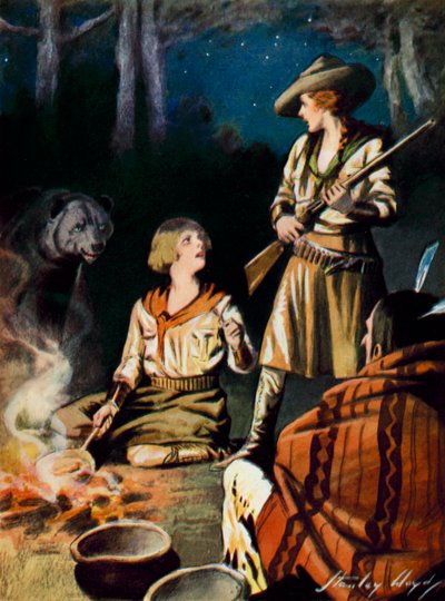 Szene aus Die Dankbarkeit des großen Bären: ein Bär nähert sich einem Lagerfeuer von Stanley Lloyd